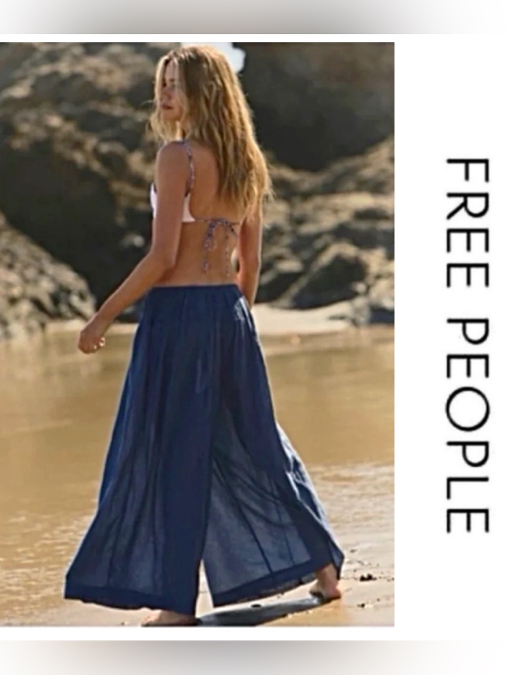 🔥NWTS! FREE PEOPLE Rising Sun Pants M Billowy Wide-Leg Comfy Soft Navy Pants